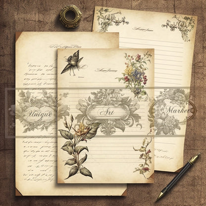Blank Lined Journal Pages  floral eight Pieces Printable Original Notepaper Set Vintage  Ephemera Set scrapbooking Junk Journal Basic Papers