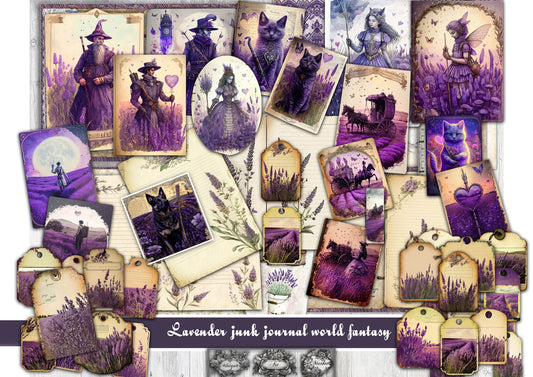 Original Pack Junk Journal Kit, Lavender Vintage Floral printable, Fantasy World  purple Collage Sheet, Digital Download, Bundle, mysterious