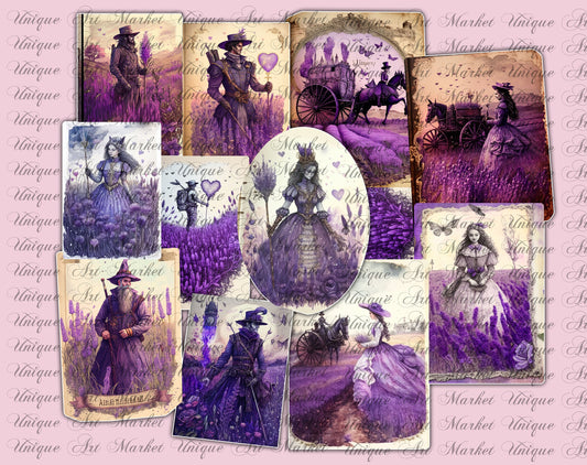 Original Pack Junk Journal Kit, Lavender Vintage Floral printable, Fantasy World  purple Collage Sheet, Digital Download, Bundle, mysterious