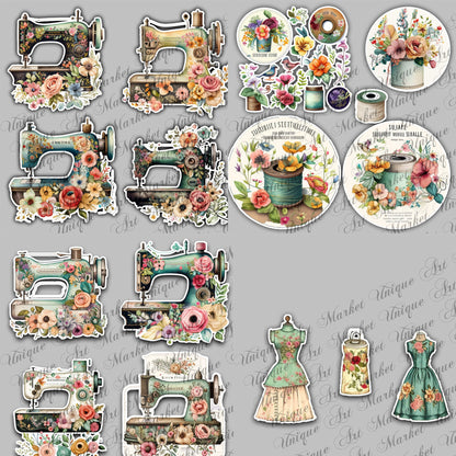 Junk Journal, Sewing, Florals, ADD ON, Kit, Machines, Seamstress, Vintage, Thread, Flowers, UNIQUE , Printable, Digital Download Collage