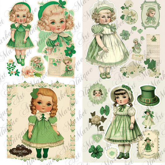 St. Patricks Day Junk Journal vintage shabby doll Kit Ephemera pack, Clover Keepsakes, vintage doll , digital collage , printable stickers