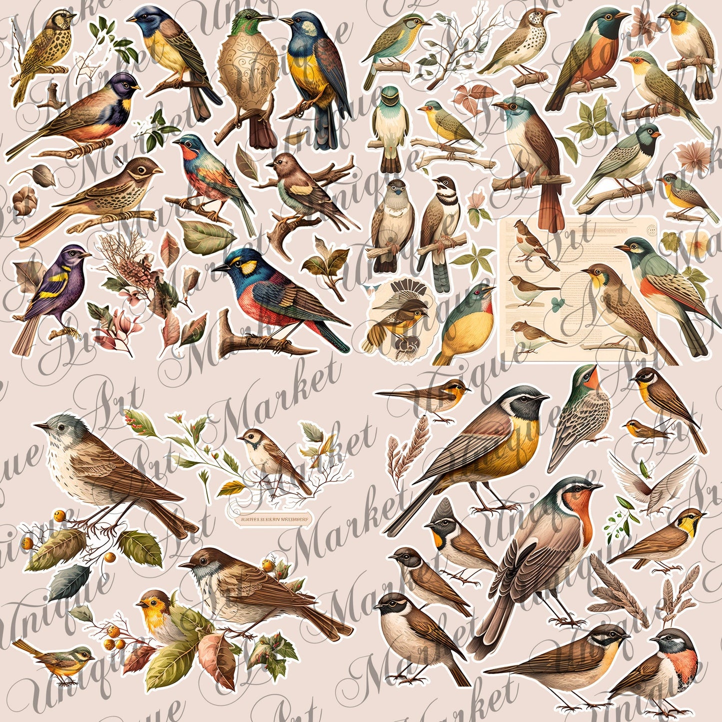 Vintage fussy cut birds flowers , junk journal ephemera, birds stickers ,  digital printable , collage , bird stickers , floral stickers