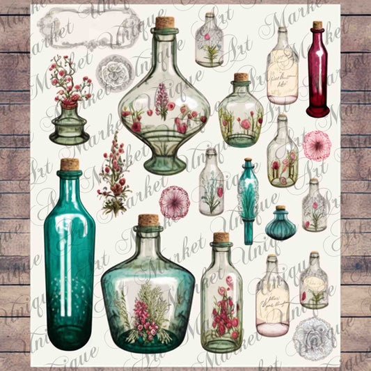 8 Sheets Vintage Bottles Ephemera Pack For Junk Journal, Vintage Junk Journal Kit, Scrapbook  Stickers Supply, Collage Paper Craft , flowers