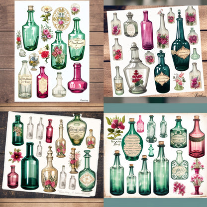 8 Sheets Vintage Bottles Ephemera Pack For Junk Journal, Vintage Junk Journal Kit, Scrapbook  Stickers Supply, Collage Paper Craft , flowers