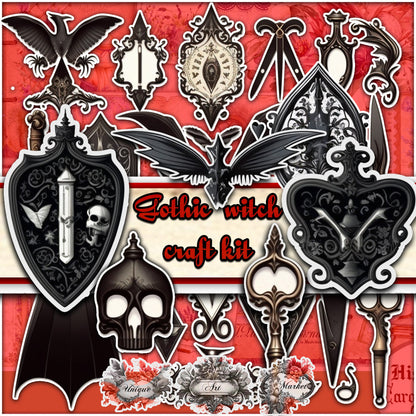witchcraft junk journal kit, VOL 02 , Printable  stickers , Gothic skull , witch craft , white , gothic , black magic , spirits , Fussy cuts