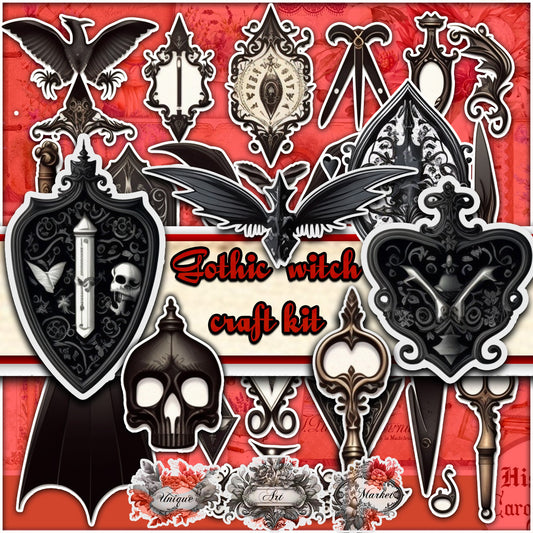 witchcraft junk journal kit, VOL 02 , Printable  stickers , Gothic skull , witch craft , white , gothic , black magic , spirits , Fussy cuts