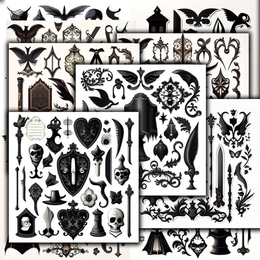witchcraft junk journal kit, VOL 02 , Printable  stickers , Gothic skull , witch craft , white , gothic , black magic , spirits , Fussy cuts