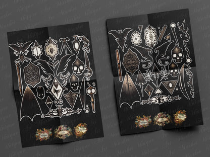 witchcraft junk journal kit, VOL 02 , Printable  stickers , Gothic skull , witch craft , white , gothic , black magic , spirits , Fussy cuts