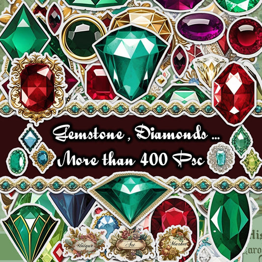 Vintage fussy cut jewelry Gemstone diamonds, junk journal ephemera, diamonds stickers, digital printable, collage , floral stickers, sparkle