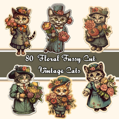 Vintage fussy cut victorian cats flowers , junk journal ephemera, cats stickers,  digital printable, collage, cat stickers , floral stickers