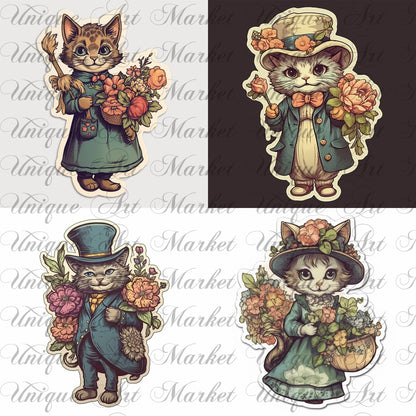 Vintage fussy cut victorian cats flowers , junk journal ephemera, cats stickers,  digital printable, collage, cat stickers , floral stickers