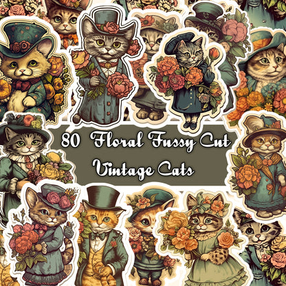 Vintage fussy cut victorian cats flowers , junk journal ephemera, cats stickers,  digital printable, collage, cat stickers , floral stickers