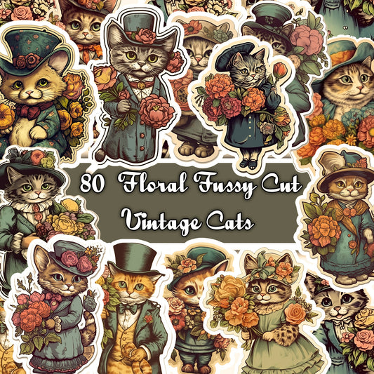 Vintage fussy cut victorian cats flowers , junk journal ephemera, cats stickers,  digital printable, collage, cat stickers , floral stickers