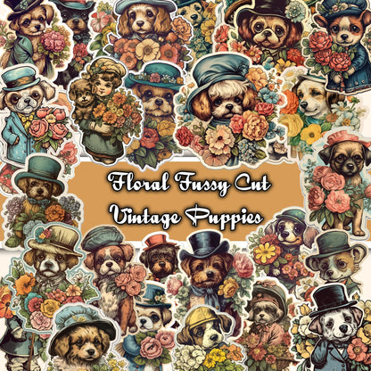 Puppy fussy cut , Vintage dogs , junk journal ephemera, puppies stickers ,  digital printable , collage , dogs stickers , floral stickers