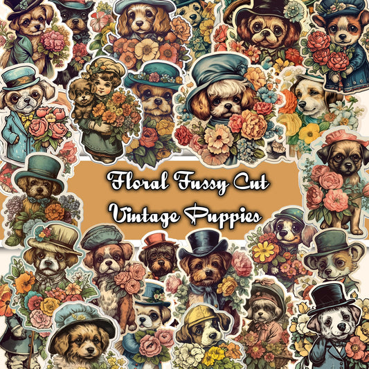 Puppy fussy cut , Vintage dogs , junk journal ephemera, puppies stickers ,  digital printable , collage , dogs stickers , floral stickers