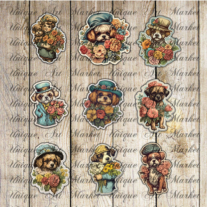 Puppy fussy cut , Vintage dogs , junk journal ephemera, puppies stickers ,  digital printable , collage , dogs stickers , floral stickers
