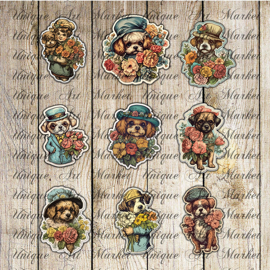 Puppy fussy cut , Vintage dogs , junk journal ephemera, puppies stickers ,  digital printable , collage , dogs stickers , floral stickers