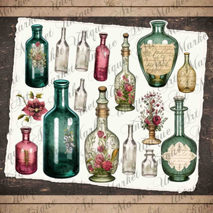 8 Sheets Vintage Bottles Ephemera Pack For Junk Journal, Vintage Junk Journal Kit, Scrapbook  Stickers Supply, Collage Paper Craft , flowers