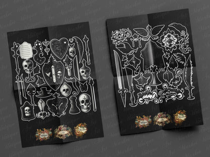 witchcraft junk journal kit, VOL 02 , Printable  stickers , Gothic skull , witch craft , white , gothic , black magic , spirits , Fussy cuts