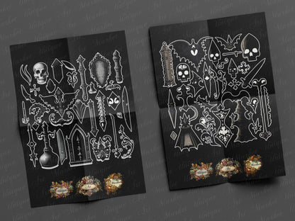 witchcraft junk journal kit, VOL 02 , Printable  stickers , Gothic skull , witch craft , white , gothic , black magic , spirits , Fussy cuts