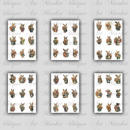 Vintage fussy cut bunnies flowers , junk journal ephemera, bunny  stickers ,  digital printable , collage , rabbit stickers , floral sticker