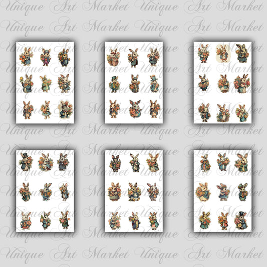 Vintage fussy cut bunnies flowers , junk journal ephemera, bunny  stickers ,  digital printable , collage , rabbit stickers , floral sticker