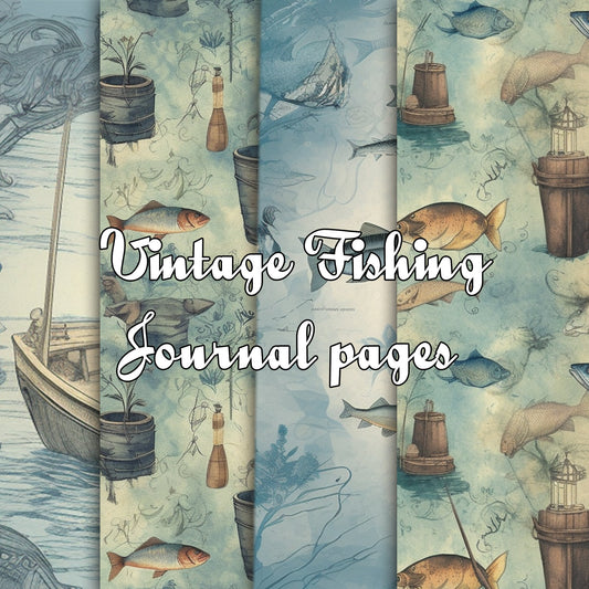 Vintage fishing Journal Pages , Digital Papers , fish Ephemera Pack , Scrapbooking Junk Journaling , Printable Download , sea water, blue