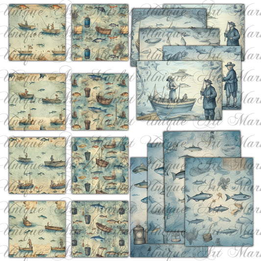 Vintage fishing Journal Pages , Digital Papers , fish Ephemera Pack , Scrapbooking Junk Journaling , Printable Download , sea water, blue