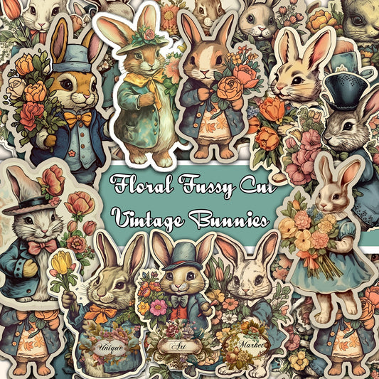 Vintage fussy cut bunnies flowers , junk journal ephemera, bunny  stickers ,  digital printable , collage , rabbit stickers , floral sticker