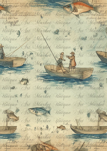 Vintage fishing Journal Pages , Digital Papers , fish Ephemera Pack , Scrapbooking Junk Journaling , Printable Download , sea water, blue