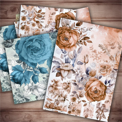Vintage floral Journal Pages , Digital Papers , floral ephemera pack , Scrapbooking junk Journaling , Printable Download , Blue flowers