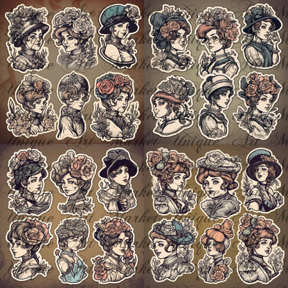 Gothic Vampire Lady Sticker Collection - 144 Stickers, 12 Sheets for Journaling and Crafts . fussy cuts . ephemera . printable stickers .