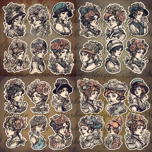 Gothic Vampire Lady Sticker Collection - 144 Stickers, 12 Sheets for Journaling and Crafts . fussy cuts . ephemera . printable stickers .