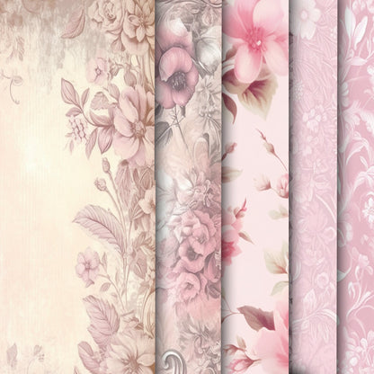 Vintage Soft Pink Floral Journal A4 Paper Background Collection - 16 Printable PCS for Journals, Scrapbooking, and Crafts
