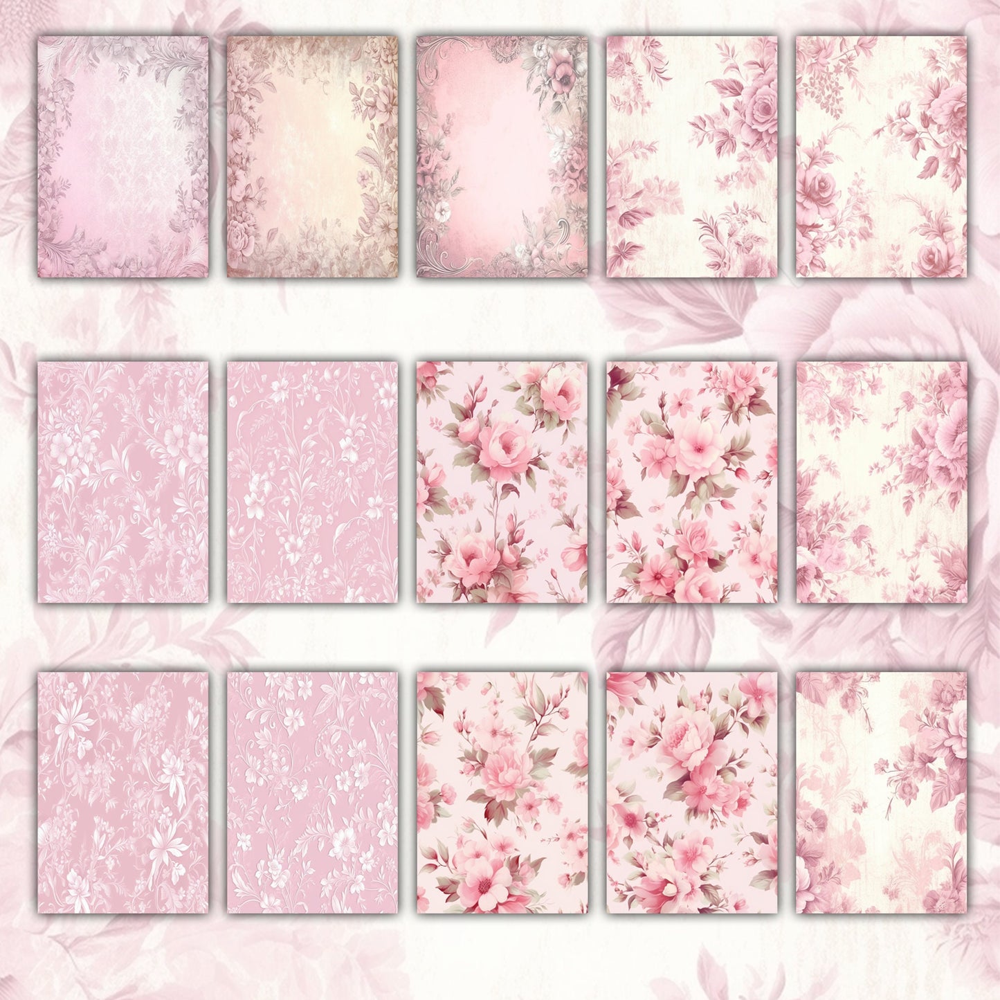 Vintage Soft Pink Floral Journal A4 Paper Background Collection - 16 Printable PCS for Journals, Scrapbooking, and Crafts