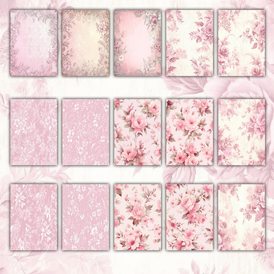 Vintage Soft Pink Floral Journal A4 Paper Background Collection - 16 Printable PCS for Journals, Scrapbooking, and Crafts