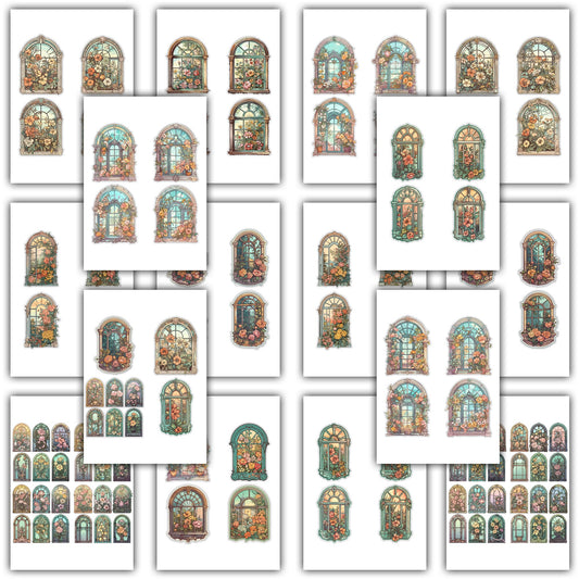 Vintage fussy cut windows floral , junk journal ephemera,  window stickers ,  digital printable , ephemera, window stickers , floral sticker