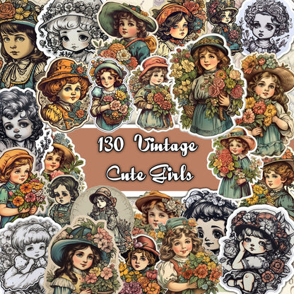 Vintage fussy cut cute girls  , junk journal ephemera, girl stickers ,  digital printable , collage , kids stickers , floral stickers cutout