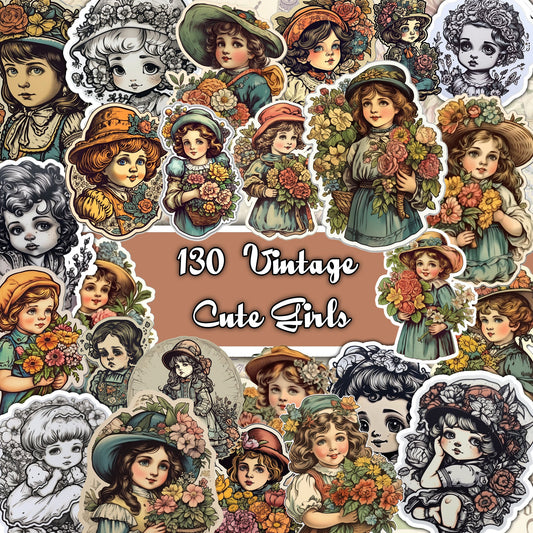 Vintage fussy cut cute girls  , junk journal ephemera, girl stickers ,  digital printable , collage , kids stickers , floral stickers cutout