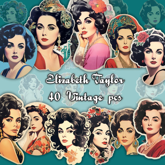 Elizabeth Taylor Vintage Stickers: Fussy Cut, Junk Journaling, Digital Pintables, Classic Hollywood, Printable Sticker Set, Ephemera kit