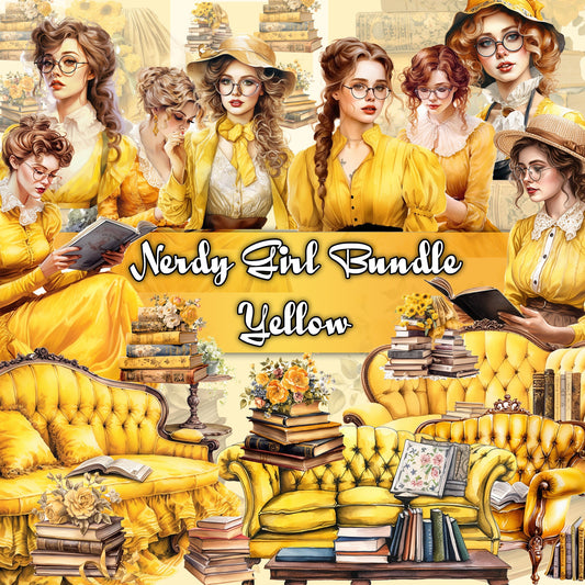 Nerdy Girls Printable Fussy Cut Set | Vintage Yellow Theme, Glasses, Books, Floral | DIY Crafts, Scrapbooking, Junk Journals, Ephemera , Png