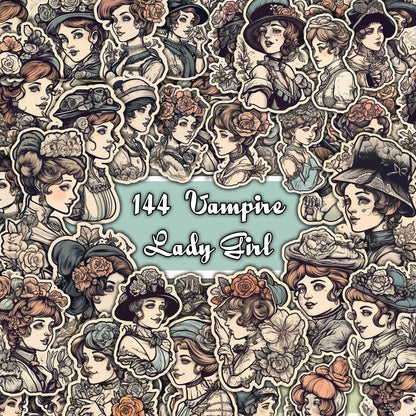 Gothic Vampire Lady Sticker Collection - 144 Stickers, 12 Sheets for Journaling and Crafts . fussy cuts . ephemera . printable stickers .