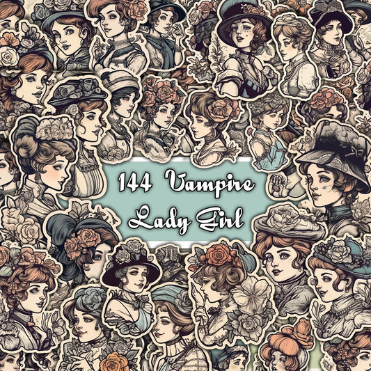 Gothic Vampire Lady Sticker Collection - 144 Stickers, 12 Sheets for Journaling and Crafts . fussy cuts . ephemera . printable stickers .