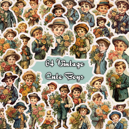 Vintage fussy cut cute boys  , junk journal ephemera, girl stickers ,  digital printable , collage , kids stickers , floral stickers cutout