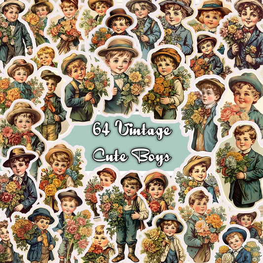 Vintage fussy cut cute boys  , junk journal ephemera, girl stickers ,  digital printable , collage , kids stickers , floral stickers cutout
