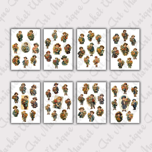 Vintage fussy cut cute boys  , junk journal ephemera, girl stickers ,  digital printable , collage , kids stickers , floral stickers cutout