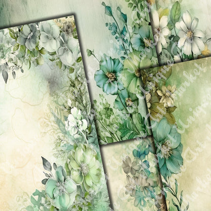 Vintage Green Floral Journal Pages , Digital Papers, floral Backgrounds , Scrapbooking Junk Journaling , Printable Download , Green flowers