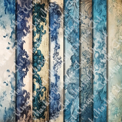 Vintage Blue Ornamental Grunge journal paqes, Digital Papers, Gothic Backgrounds , Scrapbooking Junk Journaling , Printable Download,