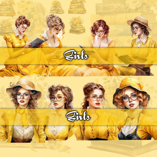 Nerdy Girls Printable Fussy Cut Set | Vintage Yellow Theme, Glasses, Books, Floral | DIY Crafts, Scrapbooking, Junk Journals, Ephemera , Png