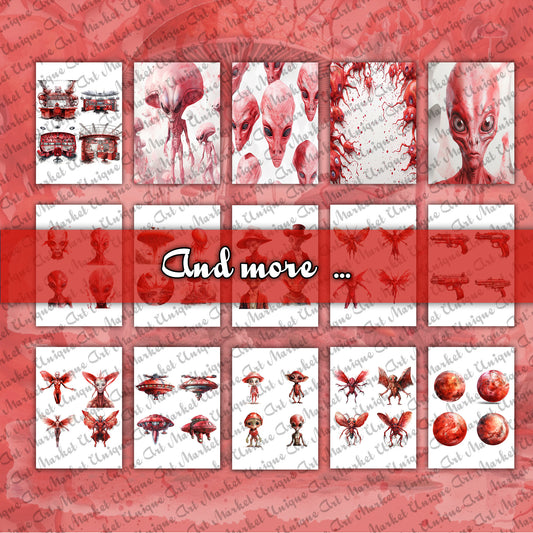 Red Aliens bundle , male female, spaceships planets, fussy cuts, journal pages background , ephemera ,  PNG jpg , commercial use , printable
